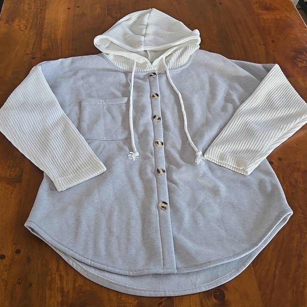 White And Gray Hooded Button Up Shacket Size Medium